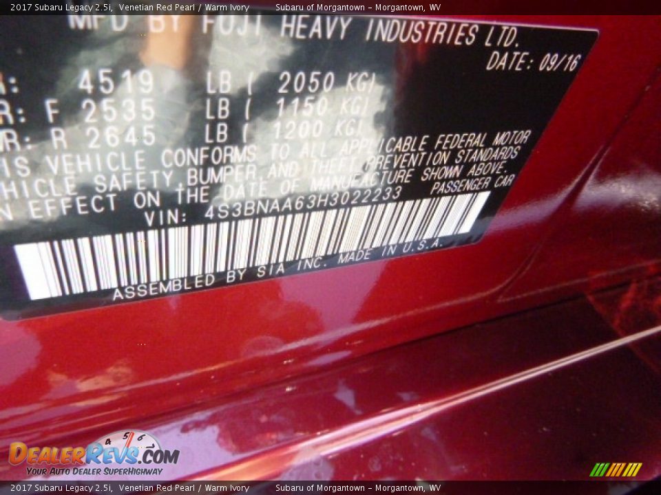 2017 Subaru Legacy 2.5i Venetian Red Pearl / Warm Ivory Photo #14