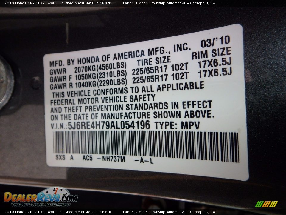 2010 Honda CR-V EX-L AWD Polished Metal Metallic / Black Photo #24
