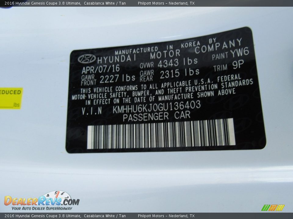 2016 Hyundai Genesis Coupe 3.8 Ultimate Casablanca White / Tan Photo #35