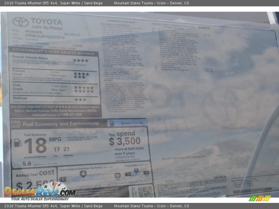 2016 Toyota 4Runner SR5 4x4 Super White / Sand Beige Photo #10