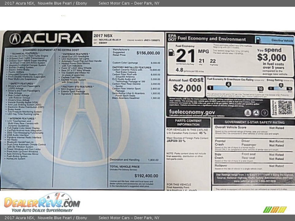 2017 Acura NSX  Window Sticker Photo #17