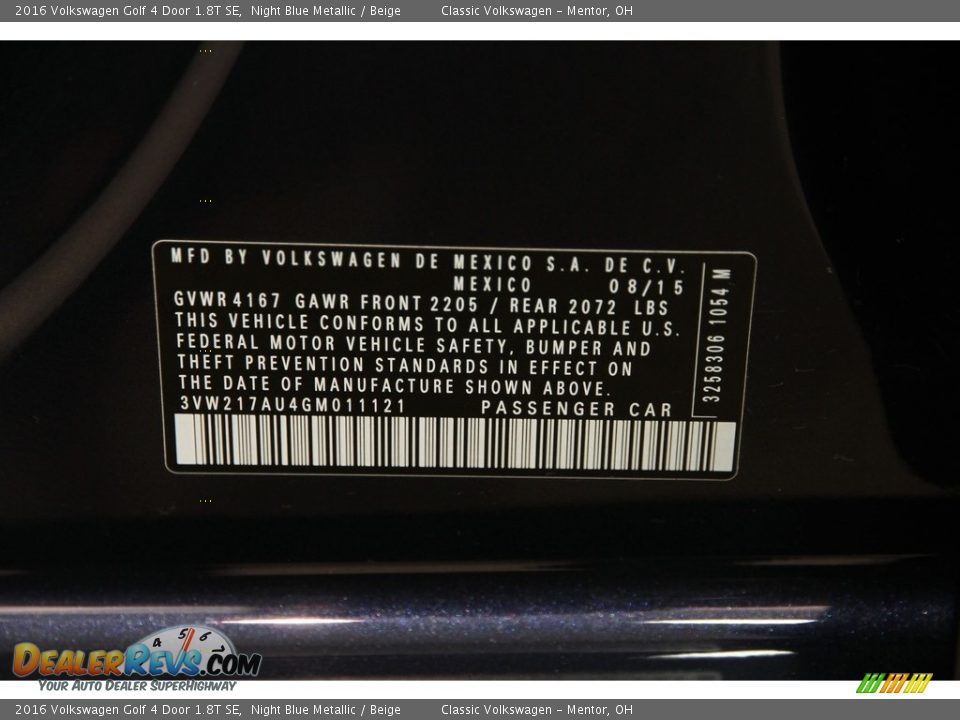 2016 Volkswagen Golf 4 Door 1.8T SE Night Blue Metallic / Beige Photo #16
