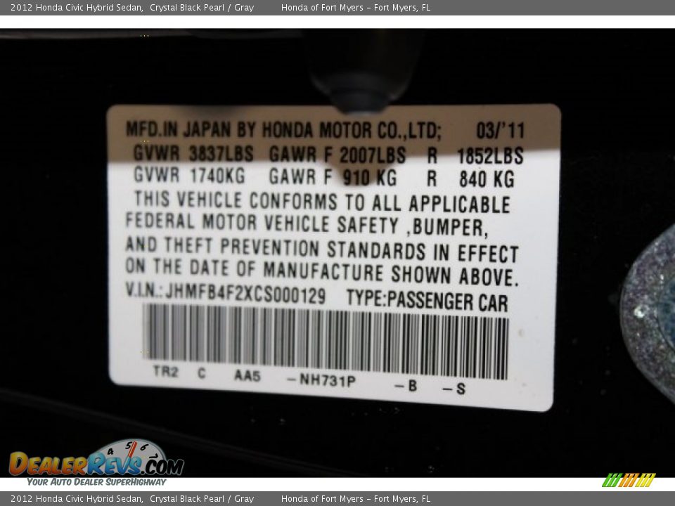 2012 Honda Civic Hybrid Sedan Crystal Black Pearl / Gray Photo #29