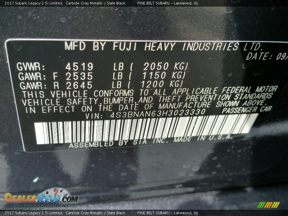 2017 Subaru Legacy 2.5i Limited Carbide Gray Metallic / Slate Black Photo #10