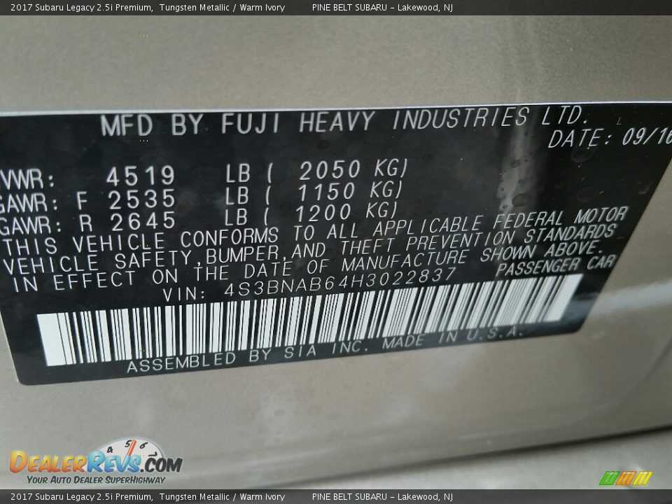 2017 Subaru Legacy 2.5i Premium Tungsten Metallic / Warm Ivory Photo #10