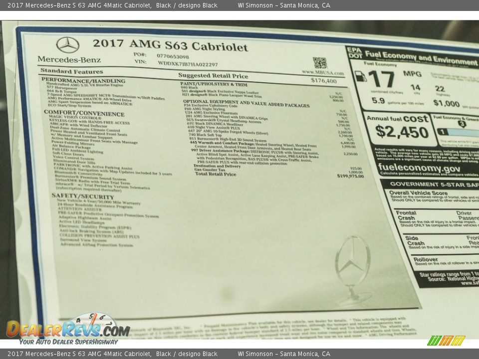 2017 Mercedes-Benz S 63 AMG 4Matic Cabriolet Window Sticker Photo #11