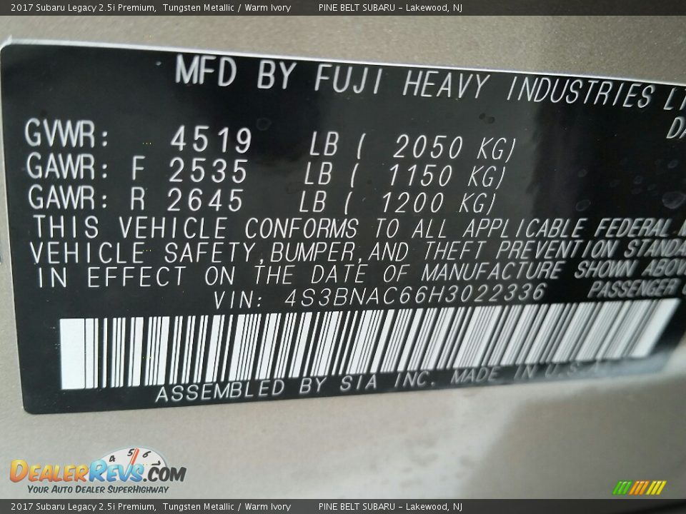 2017 Subaru Legacy 2.5i Premium Tungsten Metallic / Warm Ivory Photo #10