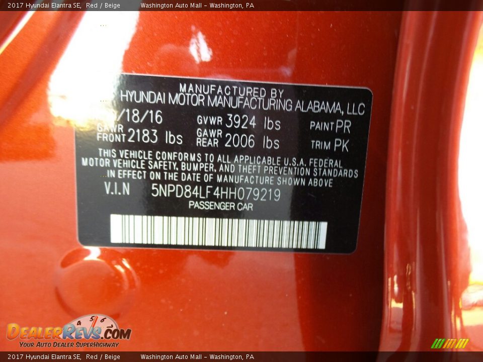 2017 Hyundai Elantra SE Red / Beige Photo #11