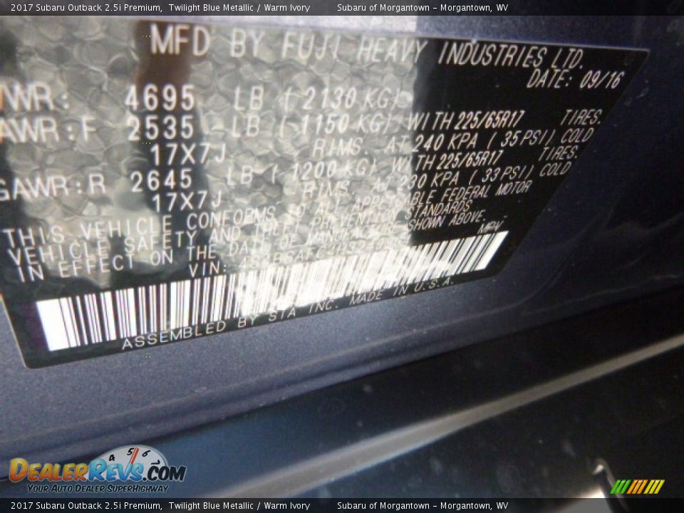 2017 Subaru Outback 2.5i Premium Twilight Blue Metallic / Warm Ivory Photo #15