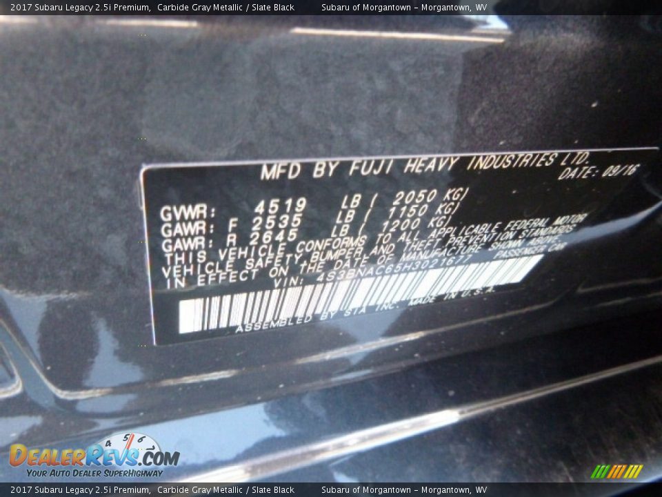 2017 Subaru Legacy 2.5i Premium Carbide Gray Metallic / Slate Black Photo #17