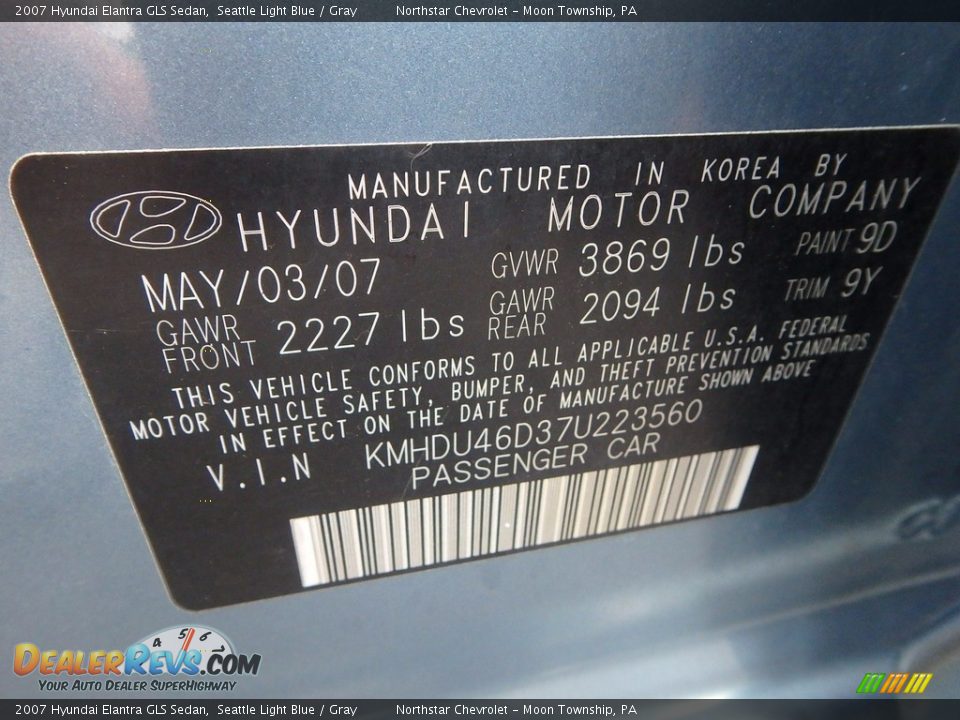 2007 Hyundai Elantra GLS Sedan Seattle Light Blue / Gray Photo #14
