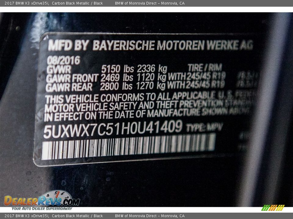 2017 BMW X3 xDrive35i Carbon Black Metallic / Black Photo #9