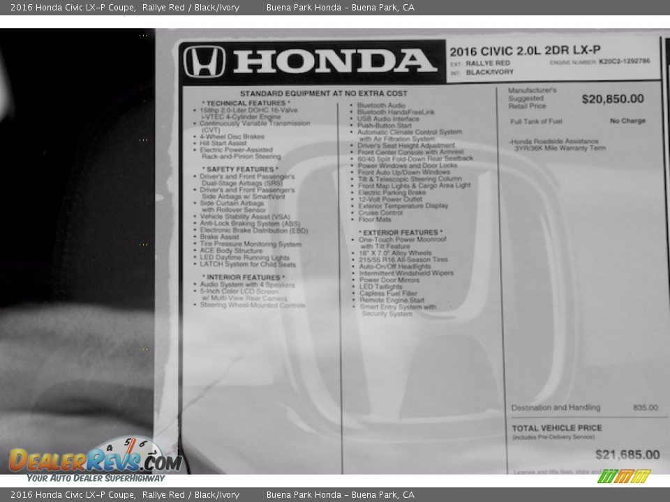 2016 Honda Civic LX-P Coupe Rallye Red / Black/Ivory Photo #16