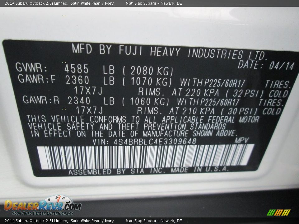 2014 Subaru Outback 2.5i Limited Satin White Pearl / Ivory Photo #29