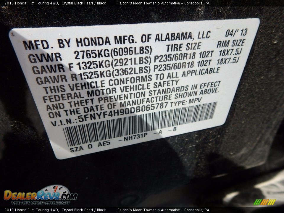 2013 Honda Pilot Touring 4WD Crystal Black Pearl / Black Photo #4