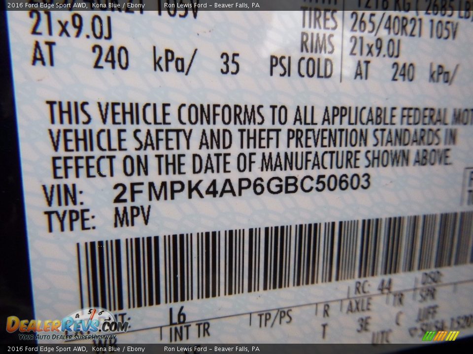 2016 Ford Edge Sport AWD Kona Blue / Ebony Photo #14