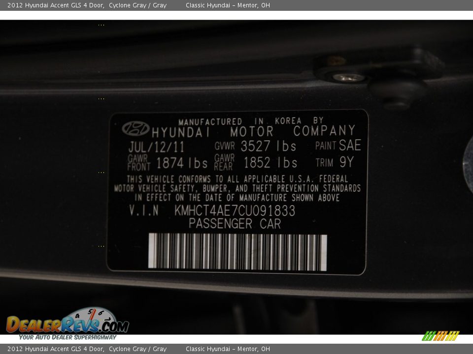 2012 Hyundai Accent GLS 4 Door Cyclone Gray / Gray Photo #15