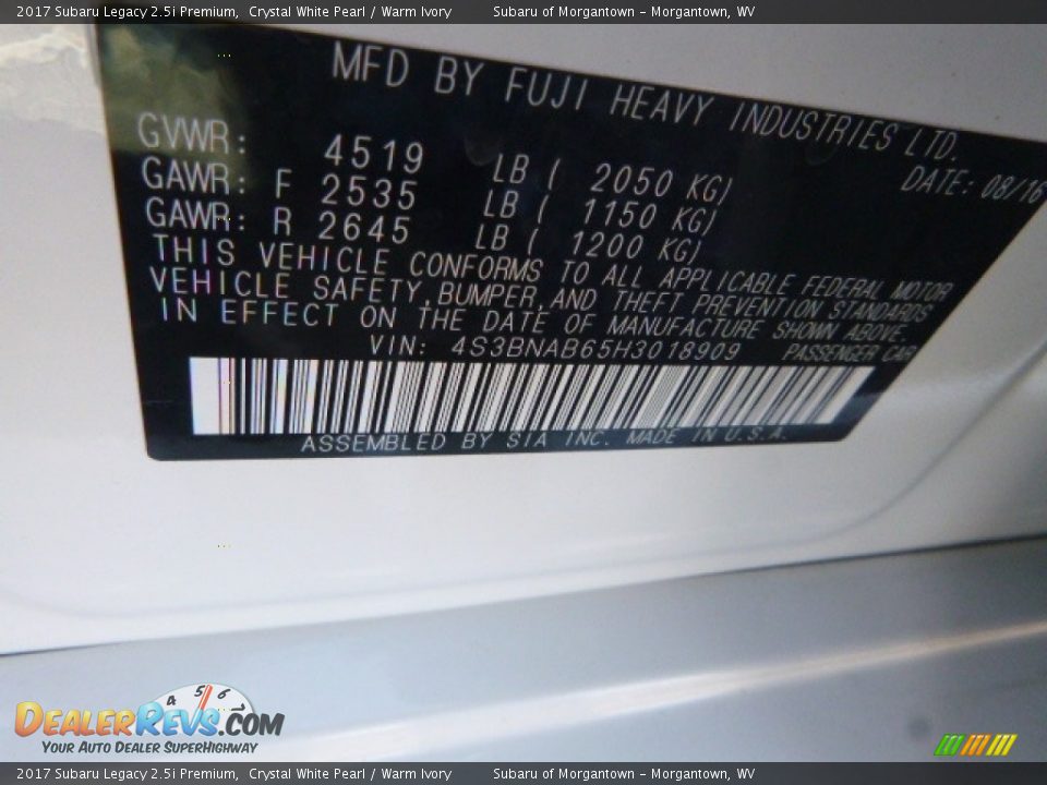 2017 Subaru Legacy 2.5i Premium Crystal White Pearl / Warm Ivory Photo #15
