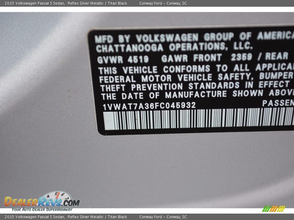 2015 Volkswagen Passat S Sedan Reflex Silver Metallic / Titan Black Photo #12