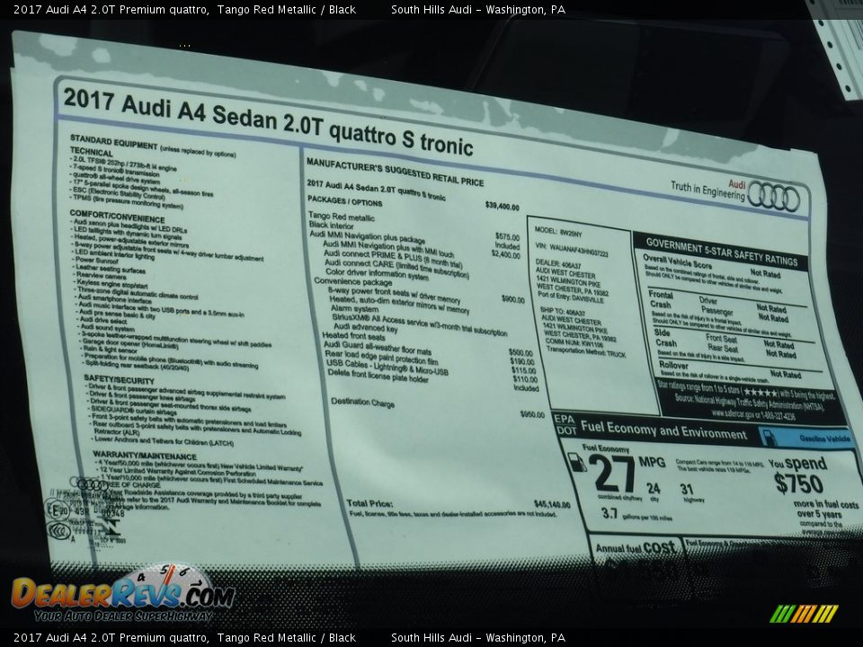 2017 Audi A4 2.0T Premium quattro Window Sticker Photo #10