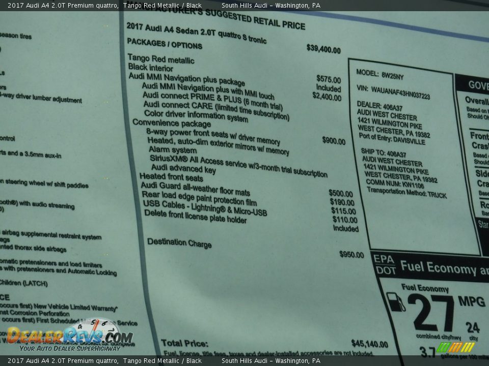 2017 Audi A4 2.0T Premium quattro Window Sticker Photo #11