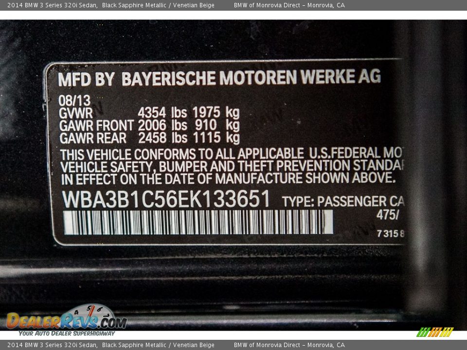 2014 BMW 3 Series 320i Sedan Black Sapphire Metallic / Venetian Beige Photo #21
