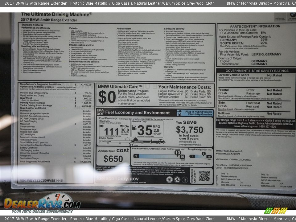 2017 BMW i3 with Range Extender Window Sticker Photo #10
