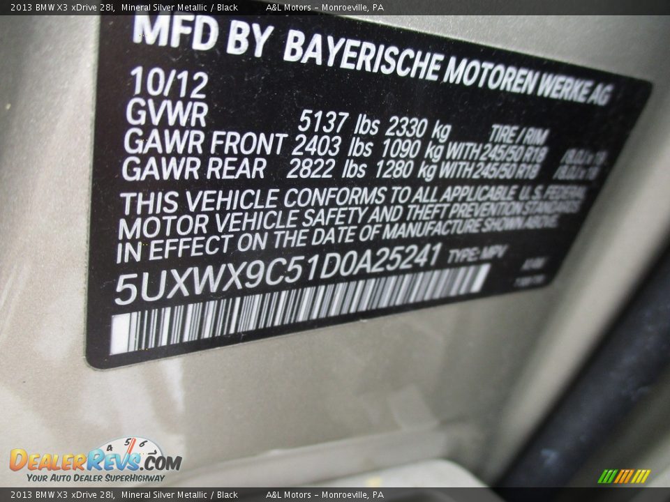 2013 BMW X3 xDrive 28i Mineral Silver Metallic / Black Photo #19