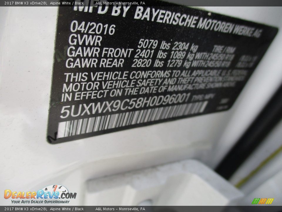 2017 BMW X3 xDrive28i Alpine White / Black Photo #19