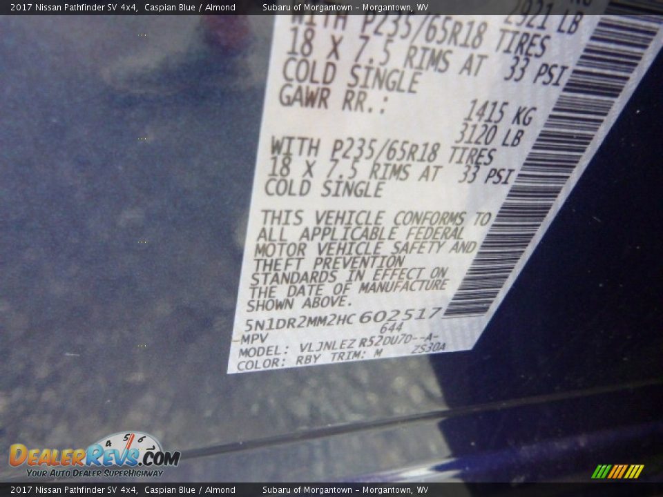 2017 Nissan Pathfinder SV 4x4 Caspian Blue / Almond Photo #17