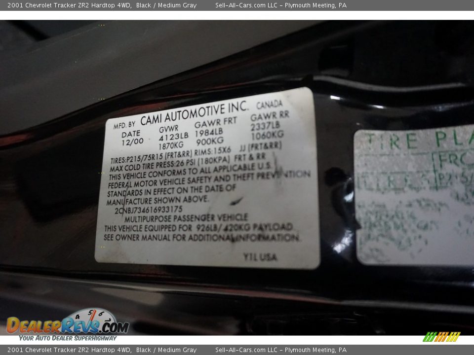 2001 Chevrolet Tracker ZR2 Hardtop 4WD Black / Medium Gray Photo #14