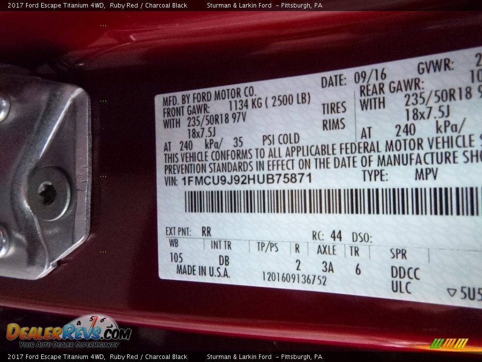 2017 Ford Escape Titanium 4WD Ruby Red / Charcoal Black Photo #11