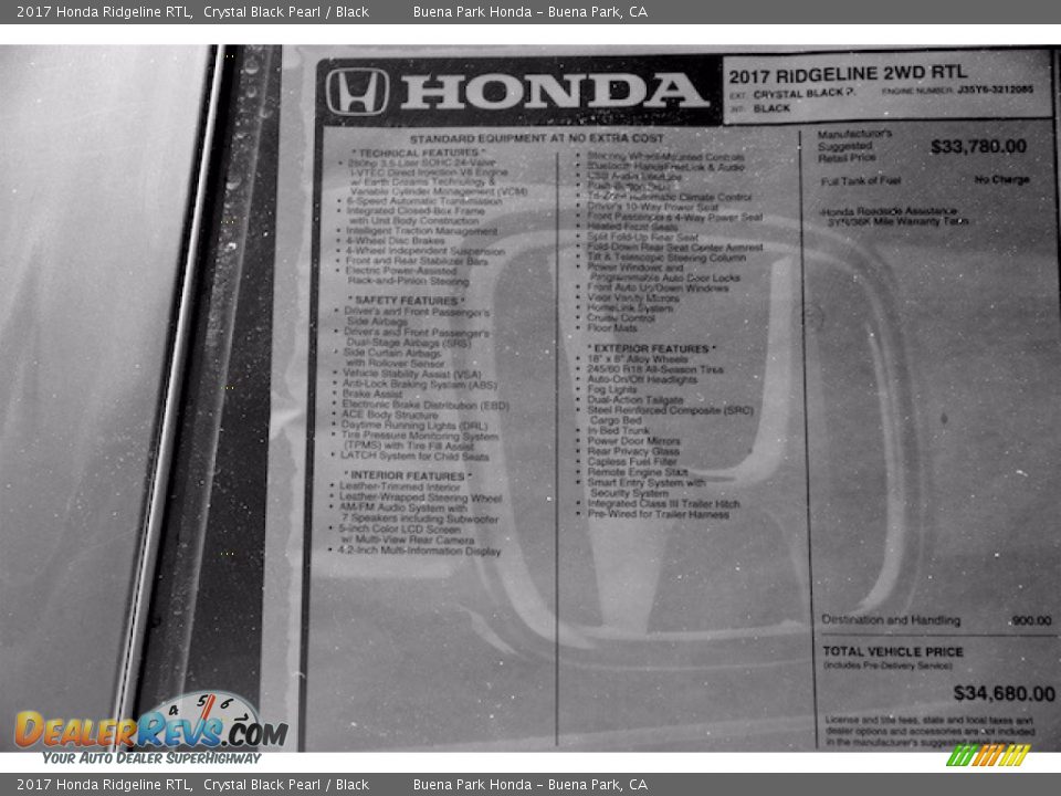 2017 Honda Ridgeline RTL Window Sticker Photo #16