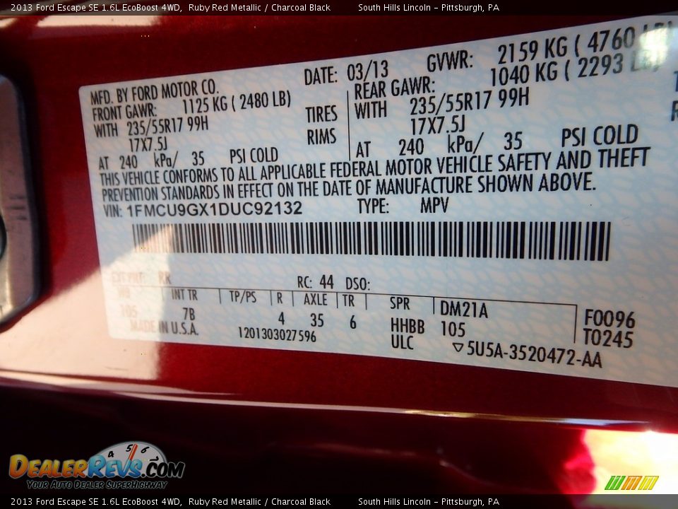 2013 Ford Escape SE 1.6L EcoBoost 4WD Ruby Red Metallic / Charcoal Black Photo #24