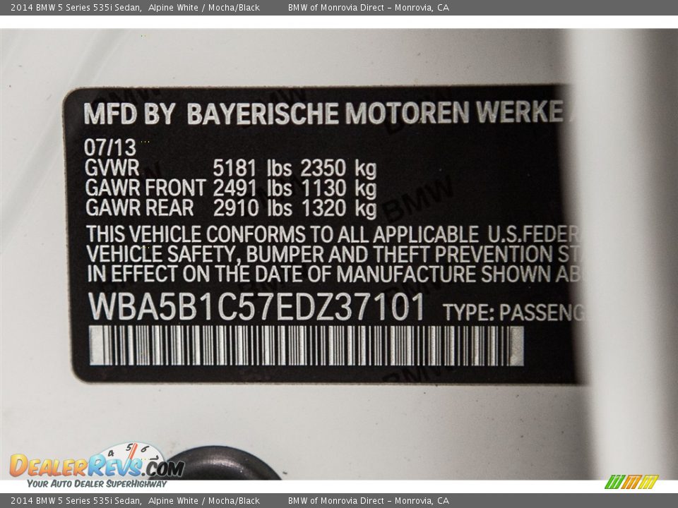 2014 BMW 5 Series 535i Sedan Alpine White / Mocha/Black Photo #21