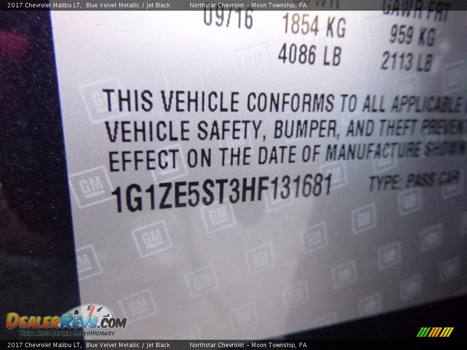 2017 Chevrolet Malibu LT Blue Velvet Metallic / Jet Black Photo #15