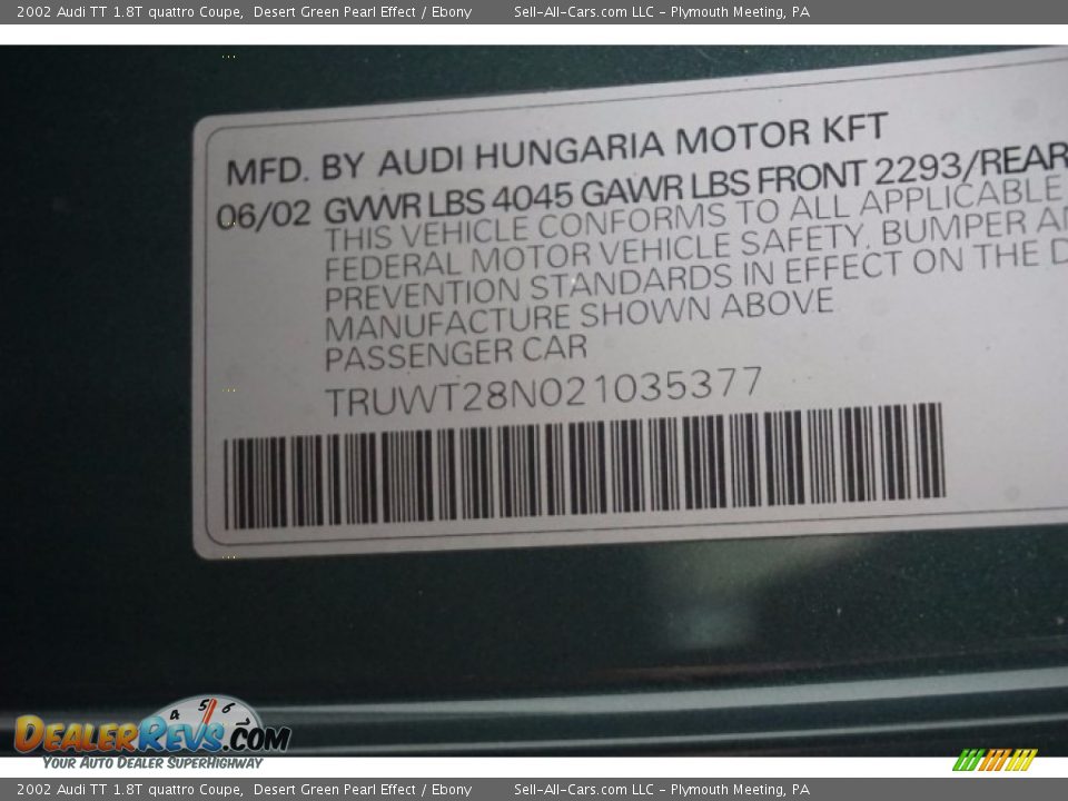 2002 Audi TT 1.8T quattro Coupe Desert Green Pearl Effect / Ebony Photo #14