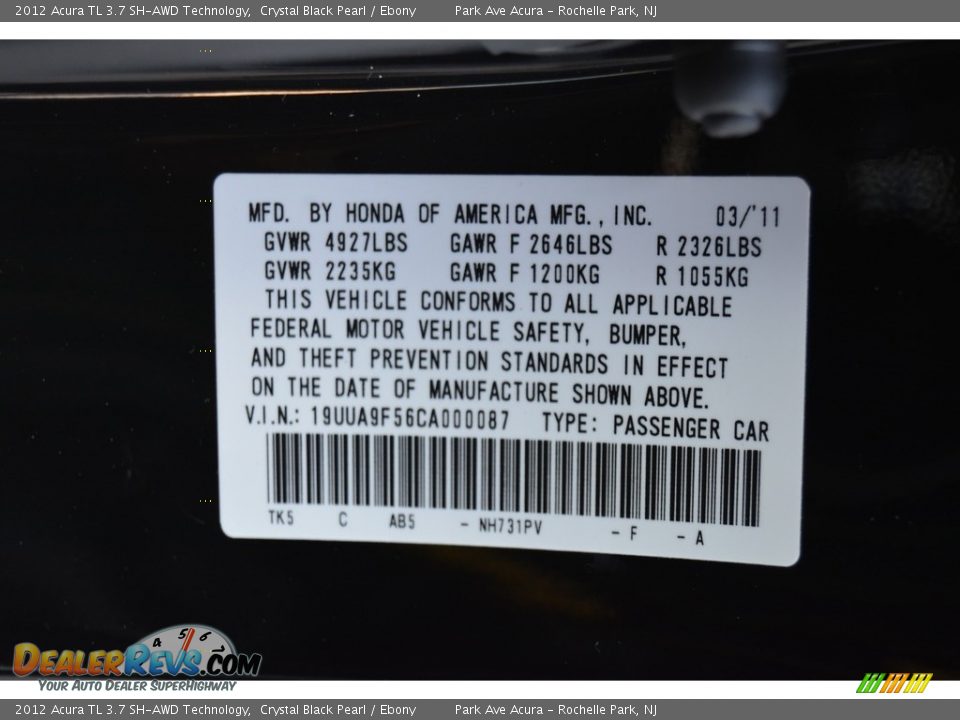 2012 Acura TL 3.7 SH-AWD Technology Crystal Black Pearl / Ebony Photo #34