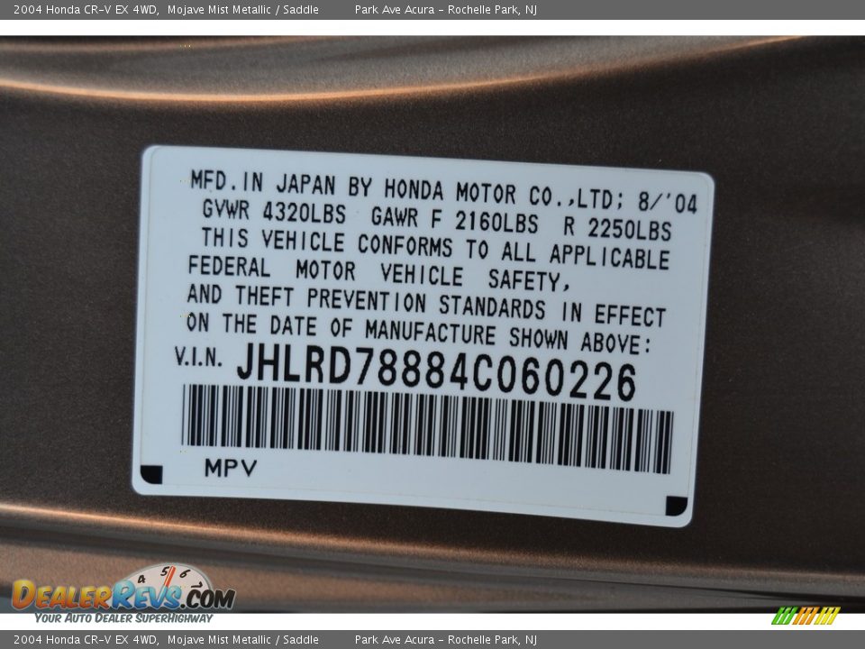 2004 Honda CR-V EX 4WD Mojave Mist Metallic / Saddle Photo #32