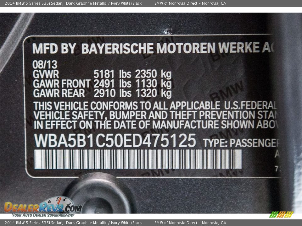 2014 BMW 5 Series 535i Sedan Dark Graphite Metallic / Ivory White/Black Photo #21