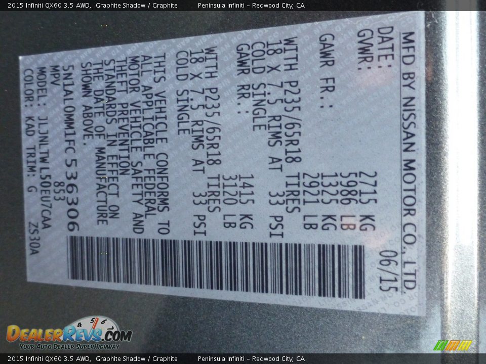 2015 Infiniti QX60 3.5 AWD Graphite Shadow / Graphite Photo #20