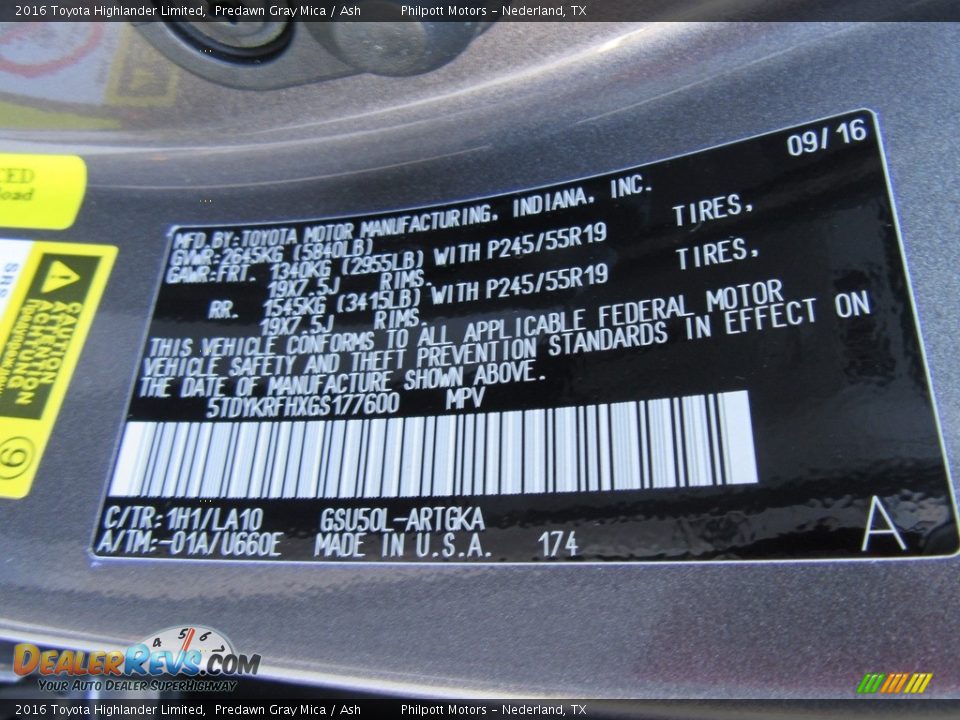 2016 Toyota Highlander Limited Predawn Gray Mica / Ash Photo #36