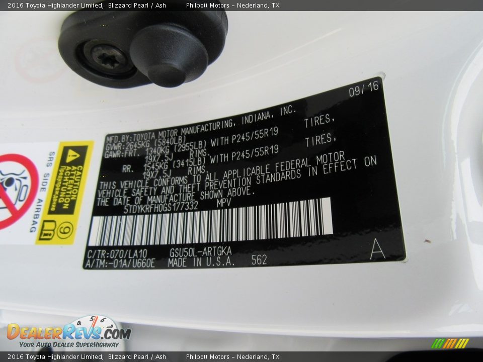 2016 Toyota Highlander Limited Blizzard Pearl / Ash Photo #36