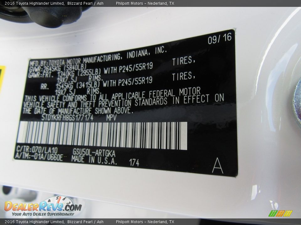 2016 Toyota Highlander Limited Blizzard Pearl / Ash Photo #36