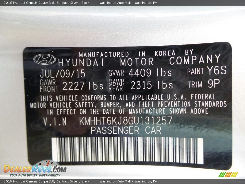 2016 Hyundai Genesis Coupe 3.8 Santiago Silver / Black Photo #8