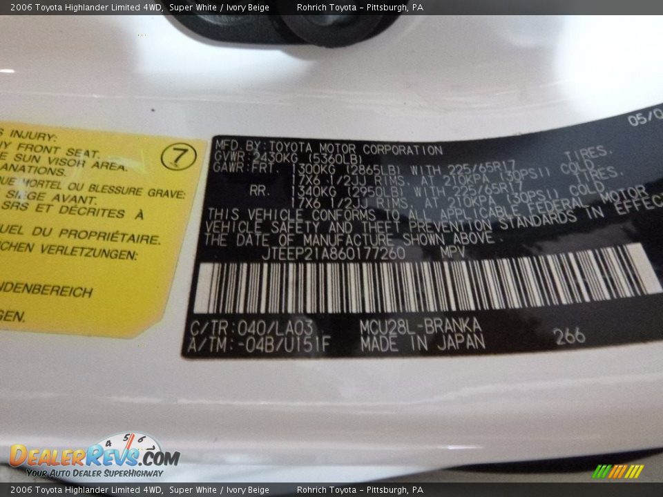 2006 Toyota Highlander Limited 4WD Super White / Ivory Beige Photo #25