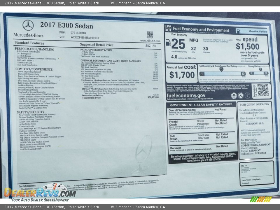 2017 Mercedes-Benz E 300 Sedan Polar White / Black Photo #11