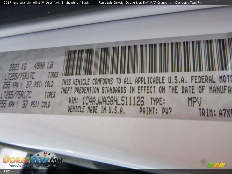 Jeep Color Code PW7 Bright White