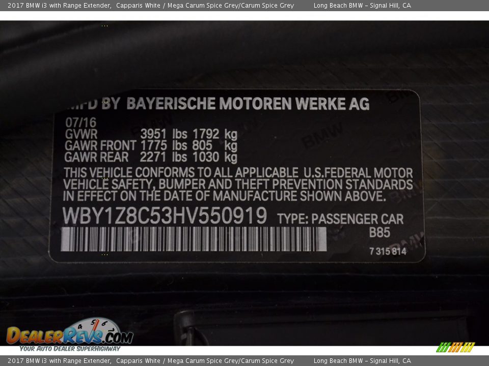 2017 BMW i3 with Range Extender Capparis White / Mega Carum Spice Grey/Carum Spice Grey Photo #15