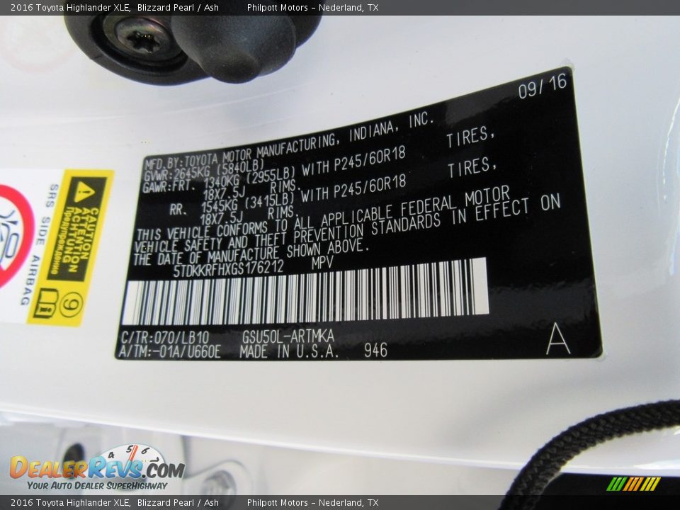 2016 Toyota Highlander XLE Blizzard Pearl / Ash Photo #36